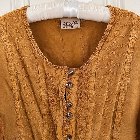 Vintage Braja Women's Mustard Bohemian Embroidered Button Down Top - Picture 2 of 11
